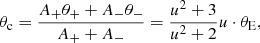 $$ \begin{aligned} {\theta _{\rm c}}= \frac{A_{+}{\theta _{+}} +A_{-}{\theta _{-}}}{A_{+}+A_{-}} =\frac{u^{2}+3}{u^{2}+2}{u}\cdot {\theta _{\rm E}}, \end{aligned} $$