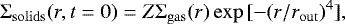 \begin{equation*} \Sigma_{\rm{solids}} (r, t = 0) = Z \Sigma_{\rm{gas}} (r) \exp{[-(r/r_{\rm{out}})^{4}]}, \end{equation*}