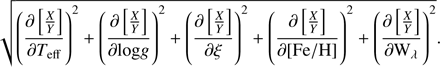 $$ \begin{aligned} \sqrt{\left( \dfrac{\partial \left[\frac{X}{Y}\right]}{\partial T_{\text{ eff}}} \right)^2 + \left( \dfrac{\partial \left[\frac{X}{Y}\right]}{\partial \text{ log}\textit{g}} \right)^2 + \left( \dfrac{\partial \left[\frac{X}{Y}\right]}{\partial \xi } \right)^2 + \left( \dfrac{\partial \left[\frac{X}{Y}\right]}{\partial {[\mathrm{Fe}/\mathrm{H}]}} \right)^2 + \left( \dfrac{\partial \left[\frac{X}{Y}\right]}{\partial \text{ W}_\lambda } \right)^2}. \end{aligned} $$