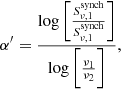 $$ \begin{aligned} \alpha {^\prime } = \frac{\log \Bigg [\frac{S_{\nu ,1}^\mathrm{synch}}{S_{\nu ,1}^\mathrm{synch}}\Bigg ]}{\log \bigg [\frac{\nu _1}{\nu _2}\bigg ]},\end{aligned} $$