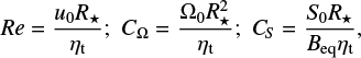 $ \begin{equation} {Re} = \frac{u_0 R_\star}{\eta_{\rm t}}{\rm ; }~~ C_\Omega = \frac{\Omega_0 R^2_{\star}}{\eta_{\rm t}}{\rm ; }~~ C_{S} = \frac{S_{\!0} R_{\star}}{B_{\rm eq} \eta_{\rm t}}{\rm , } \end{equation} $