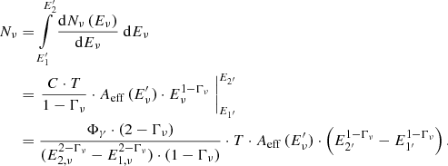 $$ \begin{aligned} N_\nu&= \int \limits _{E_1^\prime }^{E_2^\prime } \dfrac{\mathrm{d}N_\nu \, (E_\nu )}{\mathrm{d}E_\nu }~\mathrm{d} E_\nu \nonumber \\&= \left.\dfrac{C\cdot T}{1-\Gamma _\nu }\cdot A_{\rm eff}\,(E_\nu ^\prime )\cdot E_\nu ^{1-\Gamma _\nu } ~ \right|_{E_{1^\prime }}^{E_{2^\prime }}\nonumber \\&= \dfrac{\Phi _\gamma \cdot (2-\Gamma _\nu )}{(E_{2,\nu }^{2-\Gamma _\nu }-E_{1,\nu }^{2-\Gamma _\nu })\cdot (1-\Gamma _\nu )} \cdot T \cdot A_{\rm eff}\,(E^\prime _\nu ) \cdot \left(E_{2^\prime }^{1-\Gamma _\nu }-E_{1^\prime }^{1-\Gamma _\nu }\right). \end{aligned} $$