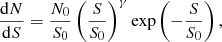 $$ \begin{aligned} \frac{\mathrm{d}N}{\mathrm{d}S} = \frac{N_0}{S_0}\left(\frac{S}{S_0}\right)^{\gamma }\mathrm{exp}\left(-\frac{S}{S_0}\right), \end{aligned} $$