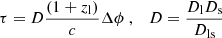 $$ \begin{aligned} \tau = D \dfrac{(1+z_\mathrm{l} )}{c} \Delta \phi \;, \quad D = \dfrac{D_\mathrm{l} D_\mathrm{s} }{D_\mathrm{ls} } \end{aligned} $$
