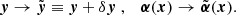 $$ \begin{aligned} \boldsymbol{{y}} \rightarrow \tilde{\boldsymbol{{y}}} \equiv \boldsymbol{{y}} + \delta \boldsymbol{{y}} \;, \quad \boldsymbol{\alpha }(\boldsymbol{x}) \rightarrow \tilde{\boldsymbol{\alpha }}(\boldsymbol{x}). \end{aligned} $$