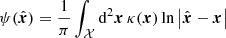 $$ \begin{aligned} \psi (\hat{\boldsymbol{x}})&= \dfrac{1}{\pi } \int _{\mathcal{X} } \mathrm{d} ^2 \boldsymbol{x} \, \kappa (\boldsymbol{x}) \ln \left| \hat{\boldsymbol{x}} - \boldsymbol{x} \right| \end{aligned} $$