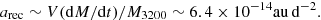 $$ \begin{aligned} a_\mathrm{rec} \sim V ({\mathrm{d} }M/{\mathrm{d} }t) / M_\mathrm{3200} \sim 6.4 \times 10^{-14} {{\mathrm{au} }\,\mathrm{d}}^{-2}. \end{aligned} $$