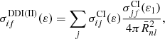 $$ \begin{aligned} \sigma _{if}^{\mathrm{DDI(II)} }(\varepsilon )=\sum \limits _j\sigma _{ij}^{\mathrm{CI} }(\varepsilon )\frac{\sigma _{jf}^{\mathrm{CI} }(\varepsilon _1)}{4\pi \bar{R}_{nl}^2}, \end{aligned} $$