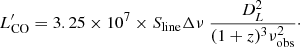 $$ \begin{aligned} L^{\prime }_{\rm CO}= 3.25 \times 10^{7} \times S_{\rm line}\Delta \nu ~\frac{D_{L}^{2}}{(1+z)^{3}\nu _{\rm obs}^{2}}\cdot \end{aligned} $$