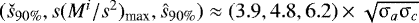 $(\check{s}_{90\%},s(M^i/s^2)_{\textrm{max}},\hat{s}_{90\%}) \approx (3.9,4.8,6.2)\times \sqrt{\mathrm{\sigma}_a \mathrm{\sigma}_c}$