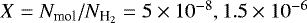 $X=N_{\textrm{mol}}/N_{\textrm{H}_2}=5\times10^{-8}, 1.5\times 10^{-6}$