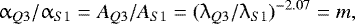 \begin{equation*} \alpha_{Q3}/\alpha_{S1}=A_{Q3}/A_{S1}=(\lambda_{Q3}/\lambda_{S1})^{-2.07}=m, \end{equation*}