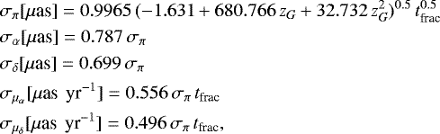 \begin{align*} &\sigma_{\pi} [\mu {\textrm{as}}] = 0.9965\, (-1.631 + 680.766\,z_G + 32.732\,z_G^2)^{0.5}\,t_{\textrm{frac}}^{0.5} \nonumber \\ &\sigma_{\alpha} [\mu {\textrm{as}}] = 0.787\,\sigma_{\pi} \nonumber \\ &\sigma_{\delta} [\mu {\textrm{as}}] = 0.699\,\sigma_{\pi} \nonumber \\ &\sigma_{\mu_{\alpha}} [\mu {\textrm{as\, yr}}^{-1}] = 0.556\,\sigma_{\pi}\,t_{\textrm{frac}} \nonumber \\ &\sigma_{\mu_{\delta}} [\mu {\textrm{as\, yr}}^{-1}] = 0.496\,\sigma_{\pi}\,t_{\textrm{frac}},\end{align*}