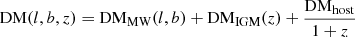 $$ \begin{aligned} \mathrm{{DM}}(l,b,{z})&= \mathrm{{DM}}_{\rm {MW}}({l},{b})+\mathrm{{DM}}_{\rm {IGM}}({z})+\frac{\mathrm{{DM}}_{\rm {host}}}{1+{z}}\end{aligned} $$