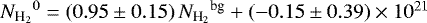 $ {N_{\textrm{H}_{2}}}^0 = (0.95\pm0.15)\, {N_{\textrm{H}_{2}}}^{\textrm{bg}} &#x002B; (-0.15\pm0.39)\times10^{21}$