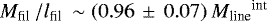 $M_{\textrm{fil }}/l_{\textrm{fil }}\sim(0.96\,\pm\,0.07)\,{M_{\textrm{line}}}^{\textrm{int}}$