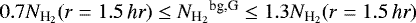 $0.7{N_{\textrm{H}_{2}}}(r=1.5\,\textit{hr})\le{N_{\textrm{H}_{2}}}^{\textrm{bg,G}}\le1.3{N_{\textrm{H}_{2}}}(r=1.5\,\textit{hr})$