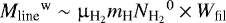 ${M_{\textrm{line}}}^{\textrm{w}}\sim \upmu_{\textrm{H}_2}m_{\textrm{H}} {N_{\textrm{H}_{2}}}^0 \times W_{\textrm{fil}}$