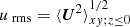 $ {u_{\text{ rms}}}={\langle {{\boldsymbol{U}}}^2\rangle}_{xy;z\le 0}^{1/2} $