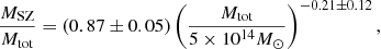$$ \begin{aligned} \frac{M_{\rm SZ}}{M_{\rm tot}}=\left(0.87\pm 0.05\right)\left(\frac{M_{\rm tot}}{5\times 10^{14}M_\odot }\right)^{-0.21\pm 0.12}, \end{aligned} $$