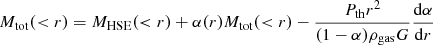 $$ \begin{aligned} M_{\rm tot}(<r) = M_{\rm HSE}(<r)+\alpha (r) M_{\rm tot}(<r)-\frac{P_{\rm th}r^2}{(1-\alpha )\rho _{\rm gas} G}\frac{\mathrm{d}\alpha }{\mathrm{d}r} \end{aligned} $$