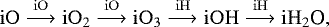 \begin{equation*} {\mathrm{iO} \stackrel{\mathrm{iO}}{\longrightarrow} \mathrm{iO}_2 \stackrel{\mathrm{iO}}{\longrightarrow} \mathrm{iO}_3 \stackrel{\mathrm{iH}}{\longrightarrow} \mathrm{iOH} \stackrel{\mathrm{iH}}{\longrightarrow} \mathrm{iH}_2\textrm{O}}, \end{equation*}