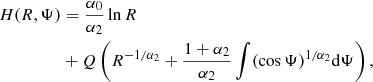 $$ \begin{aligned} H(R,\Psi )&=\frac{\alpha _0}{\alpha _2} \ln R \nonumber \\&+ Q\left( R^{-1/\alpha _2}+\frac{1+\alpha _2}{\alpha _2} \int (\cos \Psi )^{1/\alpha _2} \mathrm{d}\Psi \right), \end{aligned} $$