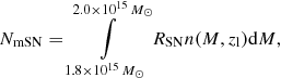 $$ \begin{aligned} N_\mathrm{mSN} = \int \limits _{1.8 \times 10^{15}\,M_\odot }^{2.0 \times 10^{15}\,M_\odot } R_\mathrm{SN} n(M,z_\mathrm{l} ) \mathrm{d} M, \end{aligned} $$