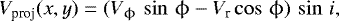 \begin{equation*} V_{\text{proj}}(x,y)=(V_{\upphi}\,\sin\,\upphi-V_{\text{r}} \cos\,\upphi)\, \sin\,i, \end{equation*}