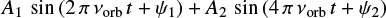 $ \begin{equation} A_1 \sin{(2 \pi \nu_{\rm orb} t + \psi_1)} + A_2 \sin{(4 \pi \nu_{\rm orb} t + \psi_2)} \label{eqprew} \end{equation} $