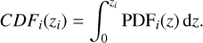 $$ \begin{aligned} CDF_i(z_i) =\int _{0}^{z_i} \mathrm{PDF}_i(z)\,\mathrm{d}z. \end{aligned} $$