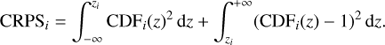 $$ \begin{aligned} \mathrm{CRPS}_i = \int _{-\infty }^{z_i} \mathrm{CDF}_i(z)^{2}\,\mathrm{d}z + \int _{z_i}^{+\infty } (\mathrm{CDF}_i(z)-1)^{2}\,\mathrm{d}z. \end{aligned} $$