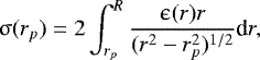 \begin{equation*}\upsigma (r_{p}) = 2\int^{R}_{r_{p}} \frac{\upepsilon(r)r}{(r^{2}-r^{2}_{p})^{1/2}} \textrm{d}r, \end{equation*}