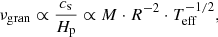$$ \begin{aligned} \nu _{\rm gran} \propto \frac{c_{\rm s}}{H_{\rm p}} \propto M \cdot R^{-2} \cdot T_{\rm eff}^{-1/2}, \end{aligned} $$