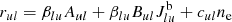 $$ \begin{aligned} r_{ul} = \beta _{lu} A_{ul} + \beta _{lu} B_{ul} J^{\mathrm{b} }_{lu} + c_{ul} n_{\mathrm{e} } \end{aligned} $$