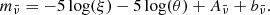 $$ \begin{aligned} m_{\bar{\nu }} = - 5 \log (\xi ) - 5 \log (\theta ) + A_{\bar{\nu }} + b_{\bar{\nu }}. \end{aligned} $$