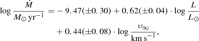 $$ \begin{aligned} \log \frac{\dot{M}}{M_\odot \,\mathrm{yr}^{-1}} =&-9.47 (\pm 0.30) + 0.62 (\pm 0.04) \cdot \log \frac{L}{L_\odot } \nonumber \\&+ 0.44 (\pm 0.08) \cdot \log \frac{\upsilon_\infty }{\mathrm{km\,s}^{-1}}, \end{aligned} $$