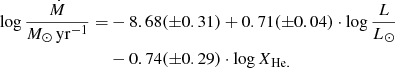 $$ \begin{aligned} \log \frac{\dot{M}}{M_\odot \,\mathrm{yr}^{-1}} =&-8.68 (\pm 0.31) + 0.71 (\pm 0.04) \cdot \log \frac{L}{L_\odot } \nonumber \\&- 0.74 (\pm 0.29) \cdot \log X_{\rm He.} \end{aligned} $$