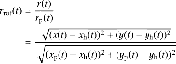 \begin{align*} \begin{split} r_{\mathrm{rot}}(t) &= \frac{r(t)}{r_{\mathrm{p}}(t)}\\ &= \frac{\sqrt{(x(t)-x_{\mathrm{h}}(t))^2 &#x002B; (y(t)-y_{\mathrm{h}}(t))^2}} {\sqrt{(x_{\mathrm{p}}(t)-x_{\mathrm{h}}(t))^2 &#x002B; (y_{\mathrm{p}}(t)-y_{\mathrm{h}}(t))^2}} \end{split} \end{align*}