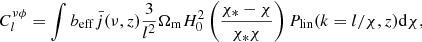 $$ \begin{aligned} C_l^{\nu \phi } = \int b_{\rm eff} \bar{j}(\nu ,z) \dfrac{3}{l^2}\Omega _{\rm m} H_0^2 \left(\dfrac{\chi _* - \chi }{\chi _*\chi }\right) P_{\rm lin}(k = l/\chi ,z) \mathrm{d}\chi , \end{aligned} $$