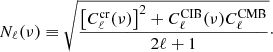 $$ \begin{aligned} N_\ell (\nu ) \equiv \sqrt{\dfrac{\left[C_\ell ^\mathrm{cr}(\nu )\right]^2 + C_\ell ^{\mathrm{CIB} }(\nu ) C_\ell ^{\mathrm{CMB} }}{2\ell + 1}}\cdot \end{aligned} $$