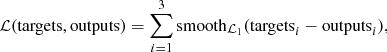 $$ \begin{aligned} {\mathcal{L} }(\mathrm{targets, outputs})=\sum _{i=1}^3 \mathrm{smooth}_{{\mathcal{L} }_1}(\mathrm{targets}_i - \mathrm{outputs}_i), \end{aligned} $$