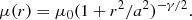 $$ \begin{aligned} \mu (r)=\mu _0(1+r^2/a^2)^{-\gamma /2}. \end{aligned} $$