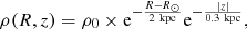 $$ \begin{aligned} \rho (R,z)=\rho _0\times \mathrm{e}^{-\frac{R-R_\odot }{2\ \mathrm{kpc}}} \mathrm{e}^{-\frac{|z|}{0.3\ \mathrm{kpc}}} , \end{aligned} $$