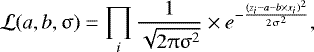 \begin{equation*} \mathcal {L}(a,b,\upsigma) = \prod\limits_{i} \frac{1}{\sqrt{2 \uppi \upsigma^2}}\times e^{-\frac{(z_{i}- a -b\times x_{i} )^2}{2\upsigma^2}}, \end{equation*}