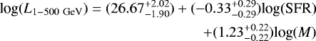 \begin{equation*}\begin{split} \textrm{log}(L_{1-500 \ \textrm{GeV}}) = (26.67^{&#x002B;2.02}_{-1.90})&#x002B; (-0.33^{&#x002B;0.29}_{-0.29})\textrm{log(SFR)}\\ &#x002B; (1.23^{&#x002B;0.22}_{-0.22})\textrm{log}(M) \end{split} \end{equation*}