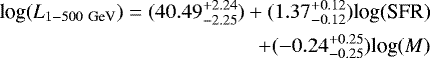 \begin{equation*}\begin{split} \textrm{log}(L_{1-500 \ \textrm{GeV}}) = (40.49^{&#x002B;2.24}_{-2.25})&#x002B;(1.37^{&#x002B;0.12}_{-0.12})\textrm{log(SFR)}\\ &#x002B; (-0.24^{&#x002B;0.25}_{-0.25})\textrm{log}(M) \end{split} \end{equation*}