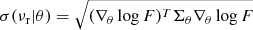 $ \sigma(\nu_{\mathrm{r}} |\theta)=\sqrt{(\nabla_\theta \log F)^T \Sigma_\theta \nabla_\theta \log F} $