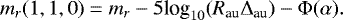 \begin{equation*} m_r(1,1,0)=m_r - 5 \textrm{log}_{10}(R_{\textrm{au}}\Delta_{\textrm{au}}) - \mathrm\Phi(\alpha) .\end{equation*}