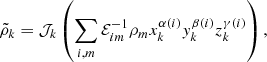 $$ \begin{aligned} \tilde{\rho }_{k} = \mathcal{J} _{k} \left( \sum _{i,m} \mathcal{E} _{im}^{-1} \rho _m x^{\alpha (i)}_{k} y^{\beta (i)}_{k} z^{\gamma (i)}_{k} \right) , \end{aligned} $$